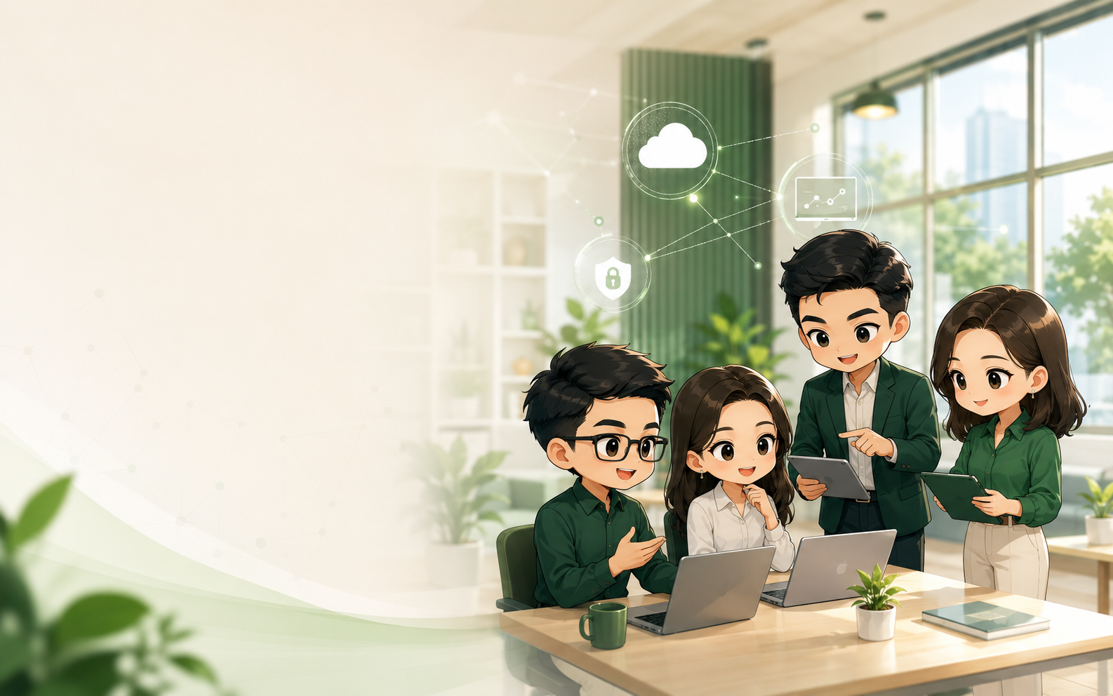 Đội ngũ chibi doanh nghiệp cùng phối hợp xây dựng môi trường công nghệ an toàn và tinh gọn