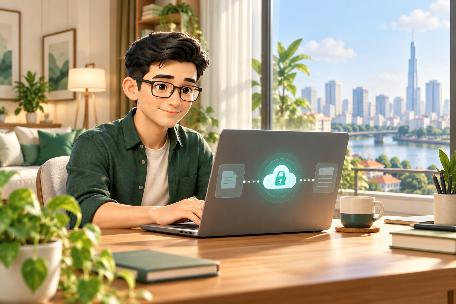 Nhân viên làm việc từ xa trên laptop trong không gian sáng, minh họa nhu cầu truy cập ứng dụng doanh nghiệp an toàn