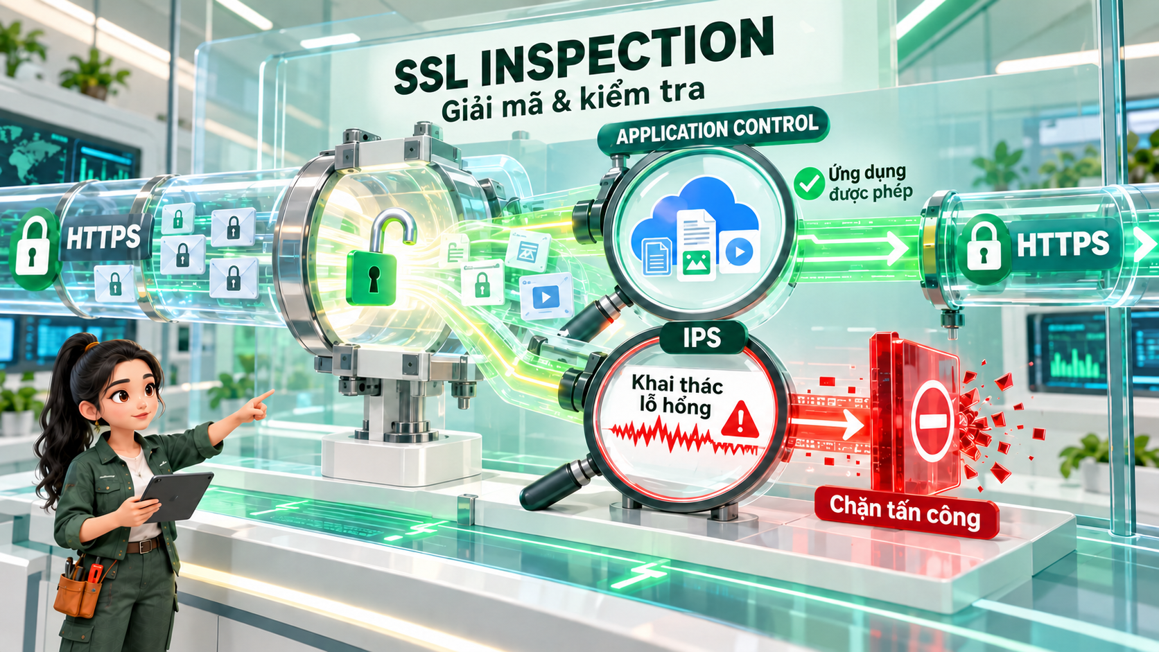 Application Control nhận diện ứng dụng và IPS kiểm tra dấu hiệu khai thác lỗ hổng trong lưu lượng HTTPS được giải mã.