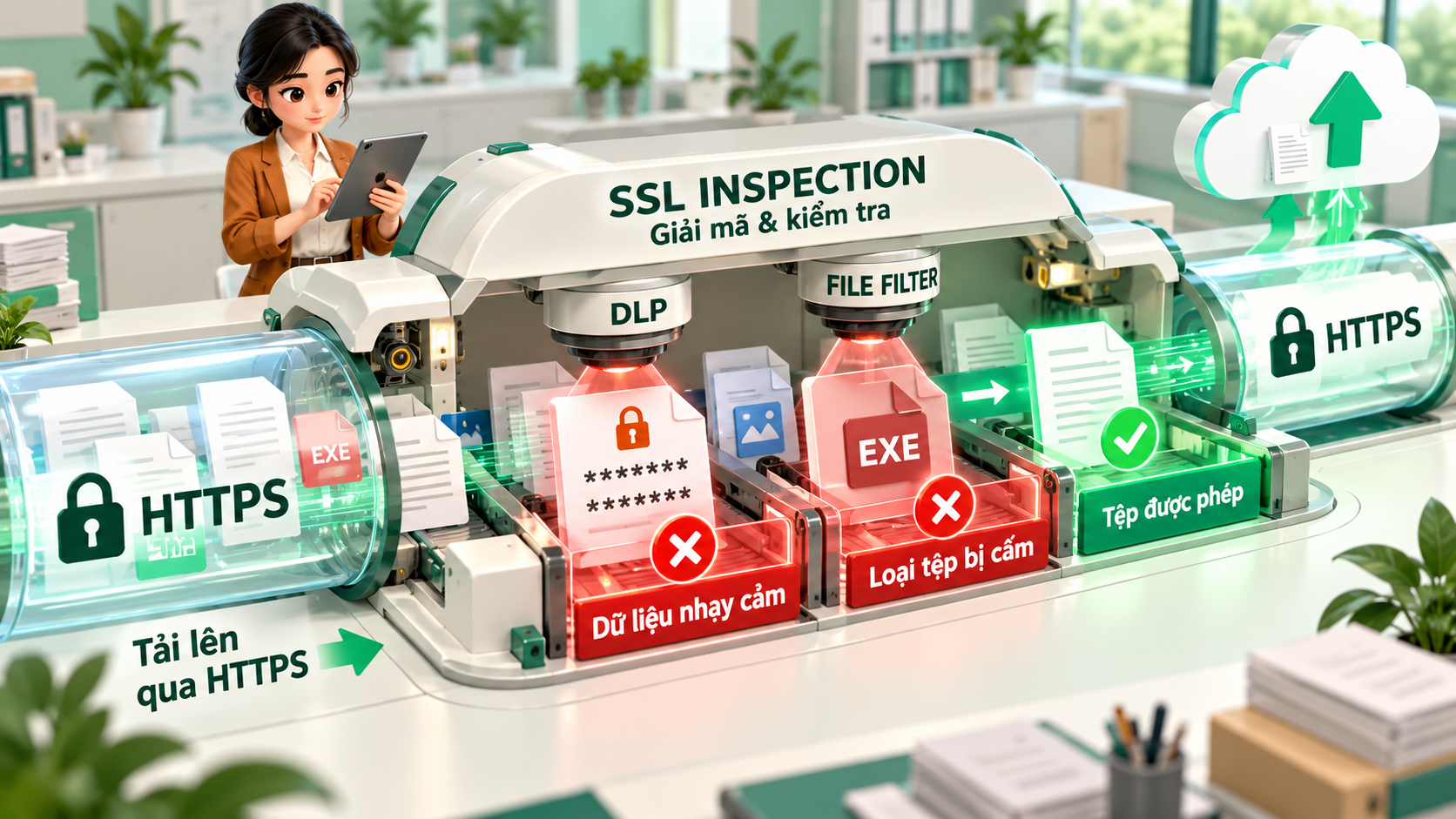 DLP và File Filter kiểm tra dữ liệu nhạy cảm và loại tệp được tải lên qua HTTPS.