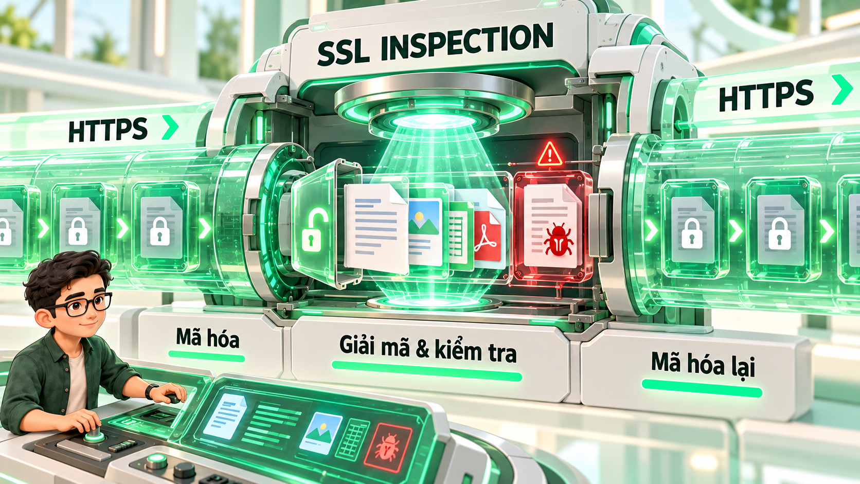 Luồng HTTPS được giải mã để kiểm tra nội dung rồi mã hóa lại trước khi chuyển tiếp.