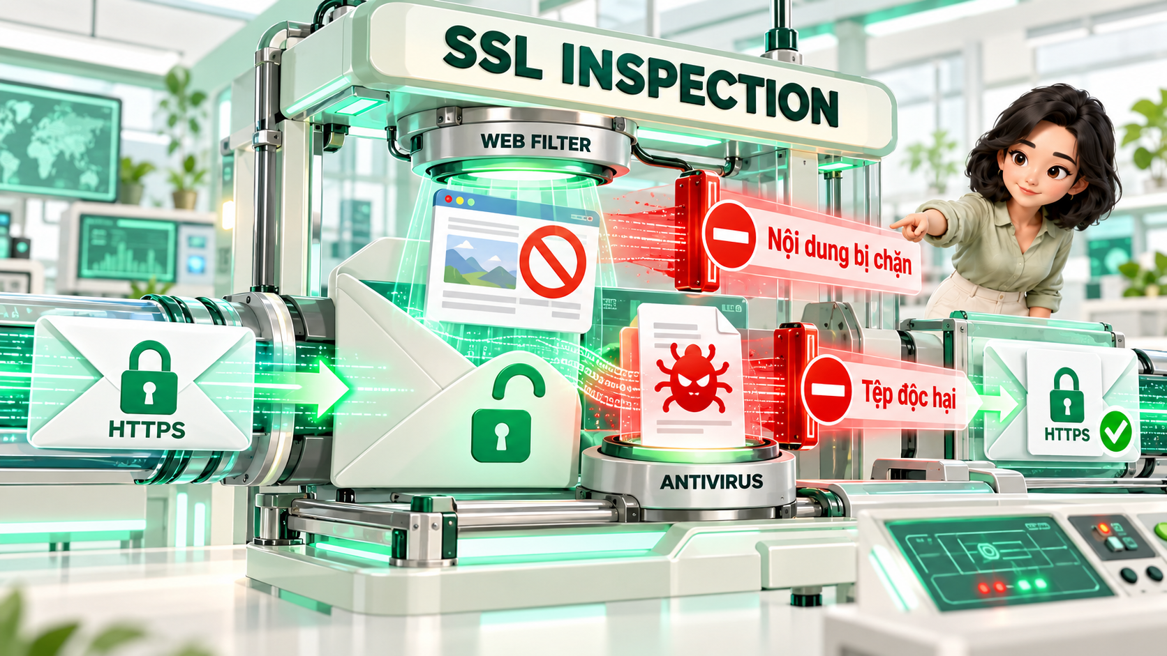 Web Filter và Antivirus kiểm tra nội dung website và tệp sau khi giải mã HTTPS.