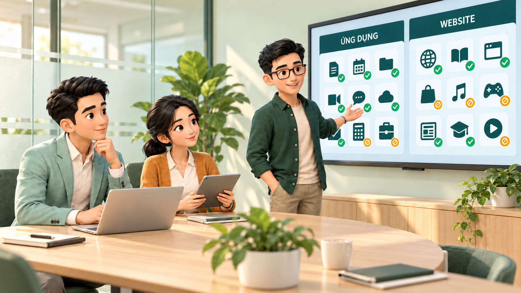 Hình minh họa quản lý, điều phối và kỹ thuật thống nhất quyền sử dụng ứng dụng và website theo vai trò.