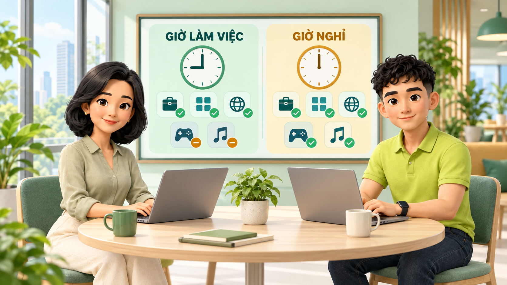 Hình minh họa ứng dụng và website giải trí được hạn chế trong giờ làm việc và cho phép trong giờ nghỉ; công cụ công việc vẫn được truy cập.
