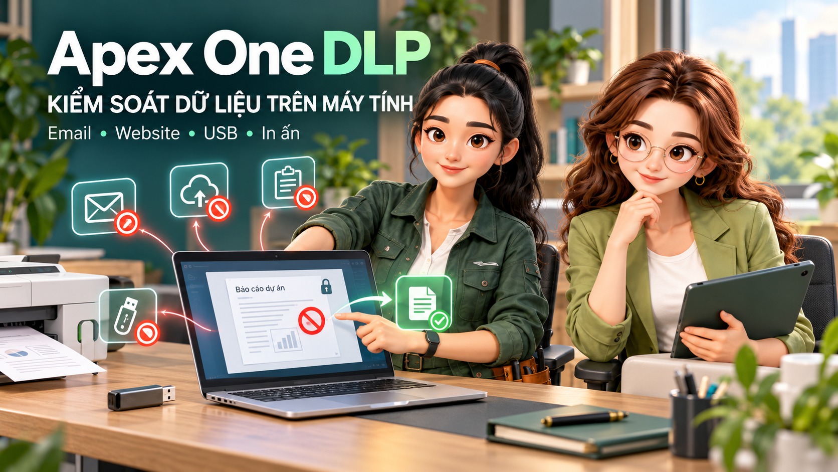 Apex One DLP kiểm soát báo cáo nhạy cảm trên máy nhân viên qua email, website, USB và in ấn.