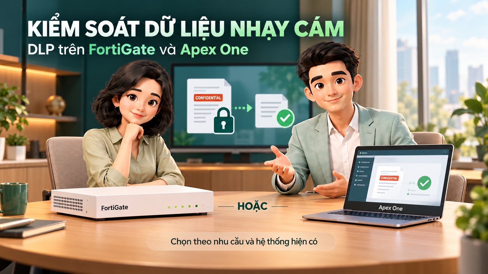 Nhân vật Arbolume tư vấn lựa chọn DLP trên FortiGate hoặc Apex One theo nhu cầu và hệ thống hiện có.