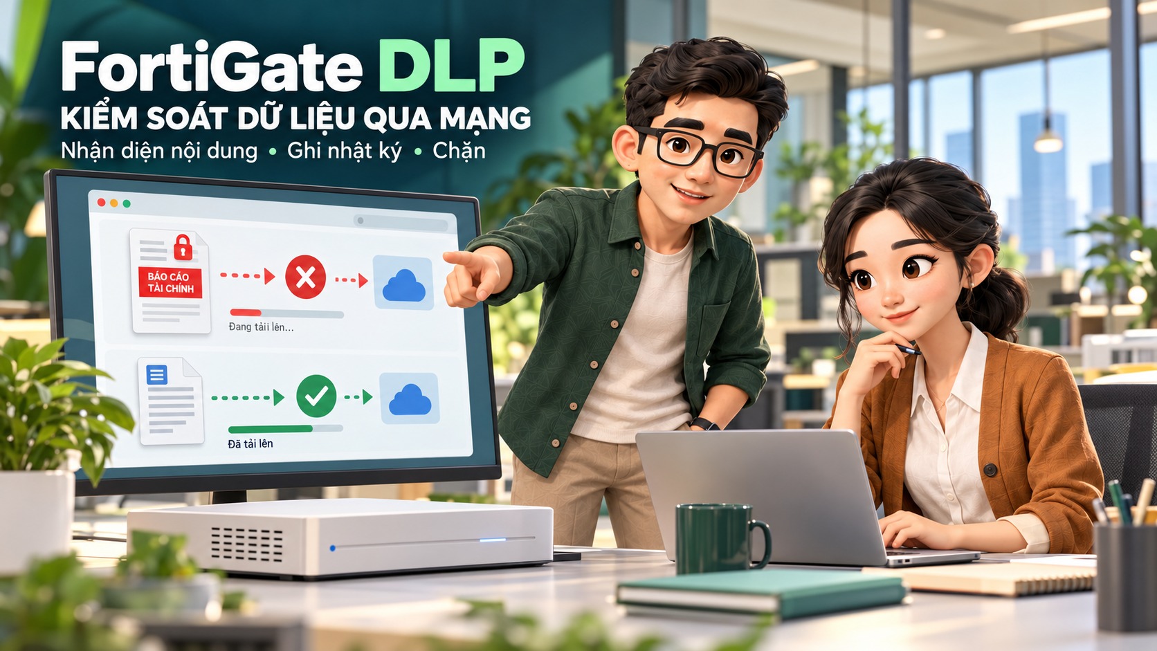 FortiGate DLP kiểm tra và chặn việc tải báo cáo nhạy cảm ra ngoài qua mạng.