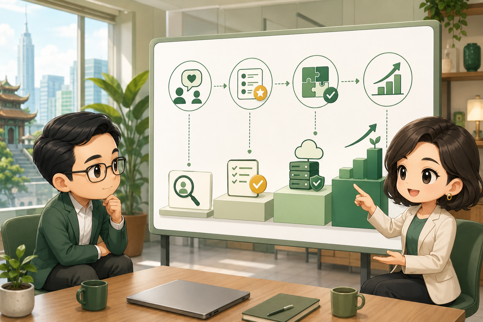 Nhân vật chibi Arbolume cùng doanh nghiệp xác định nhu cầu và xây dựng lộ trình công nghệ theo từng giai đoạn