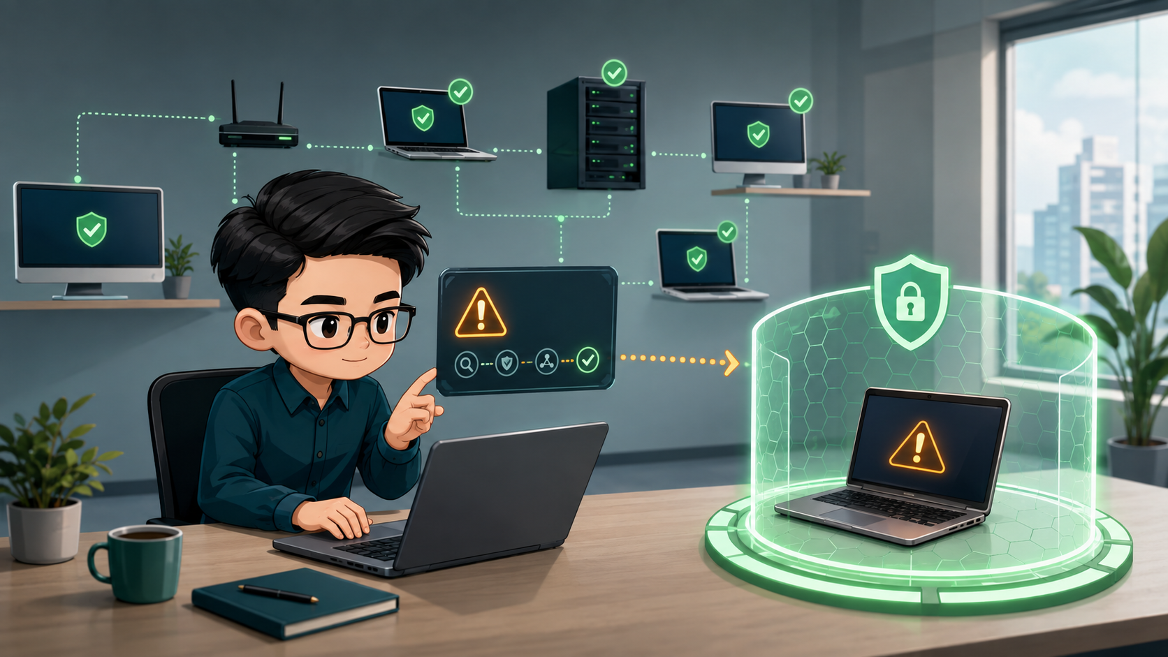 Chuyên viên an ninh mạng cô lập một laptop có cảnh báo trong khi các endpoint khác vẫn hoạt động