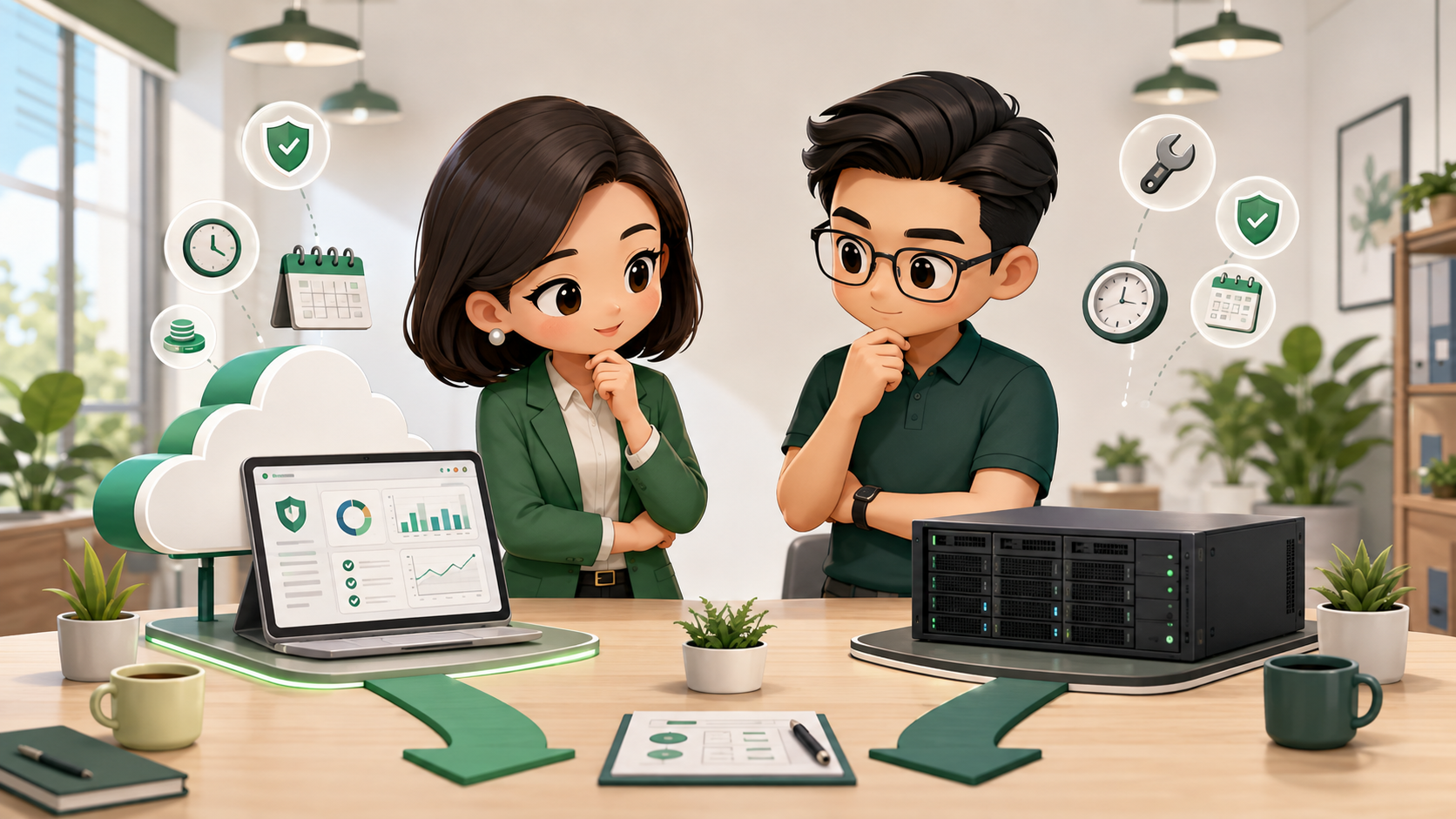 Minh họa chủ doanh nghiệp và quản trị viên so sánh quản lý Endpoint trên cloud với máy chủ on-premises