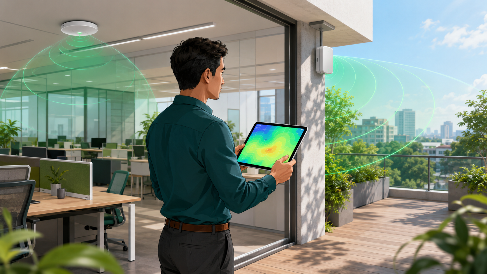 Chuyên gia IT khảo sát vùng phủ Wi-Fi trong văn phòng và khu vực ngoài trời bằng máy tính bảng