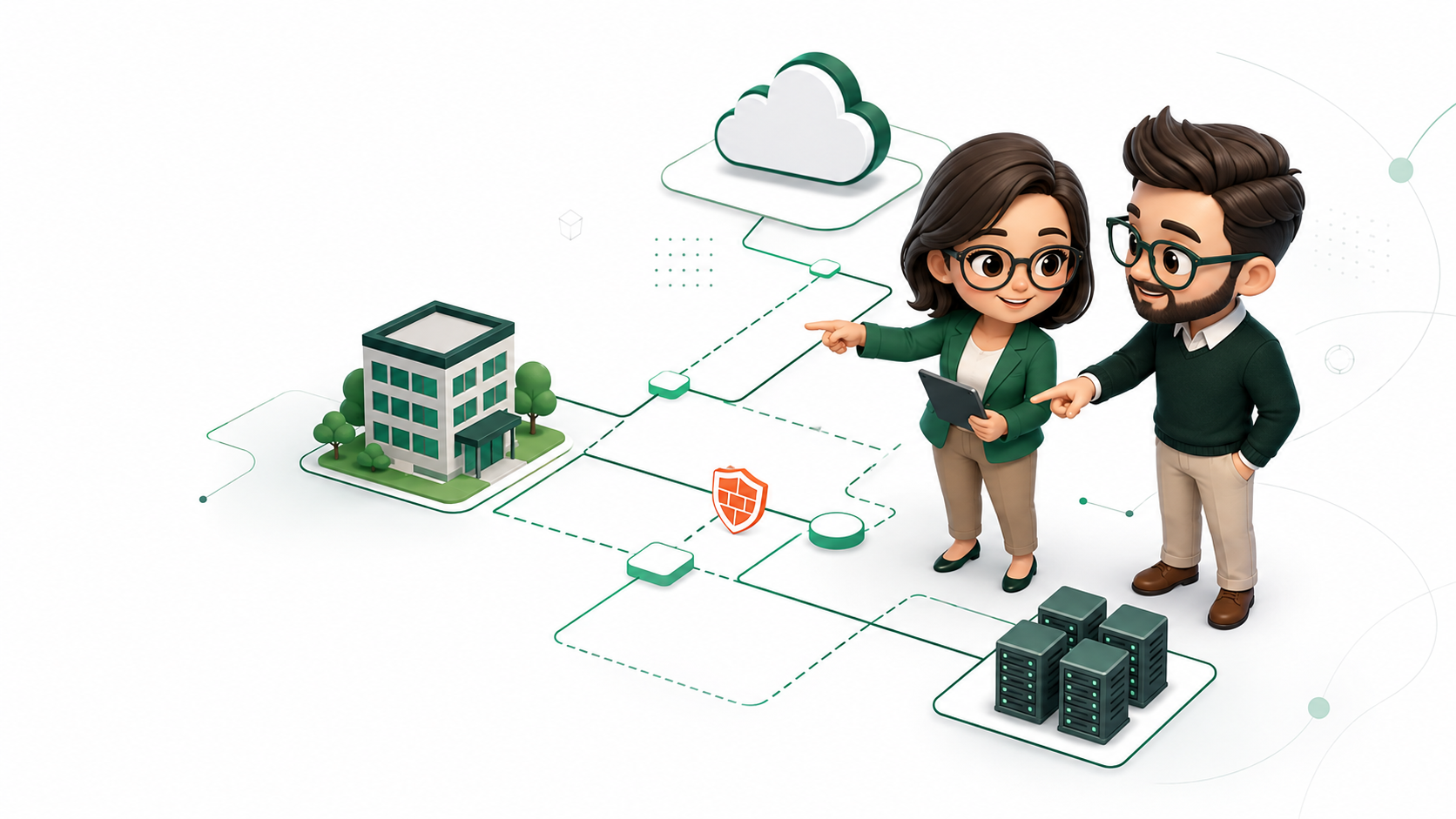 Minh họa chibi kiến trúc sư CNTT thiết kế kết nối an toàn giữa campus cloud và data center