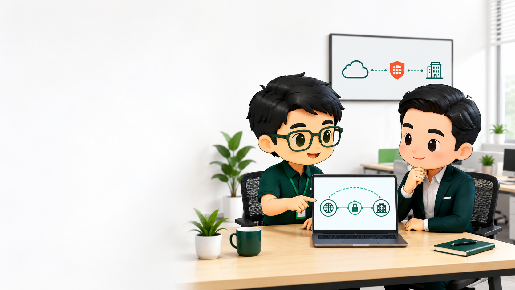 Minh họa chibi chuyên gia CNTT tư vấn bảo vệ kết nối Internet và VPN cho văn phòng nhỏ