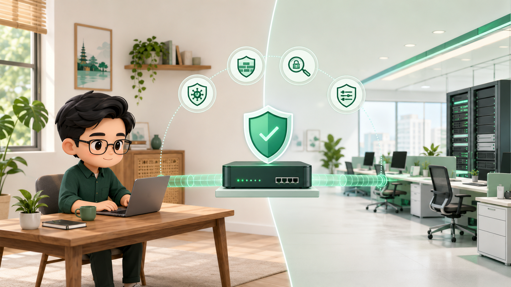 Minh họa chibi nhân viên làm việc từ xa kết nối VPN an toàn qua SD-WAN Firewall và các lớp bảo vệ NGFW